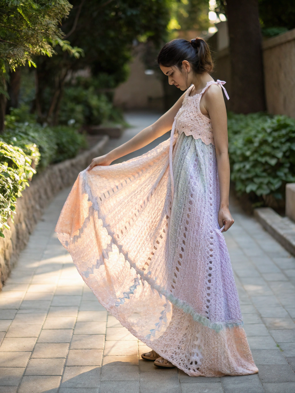 Woman in modern linen midi dress outdoors