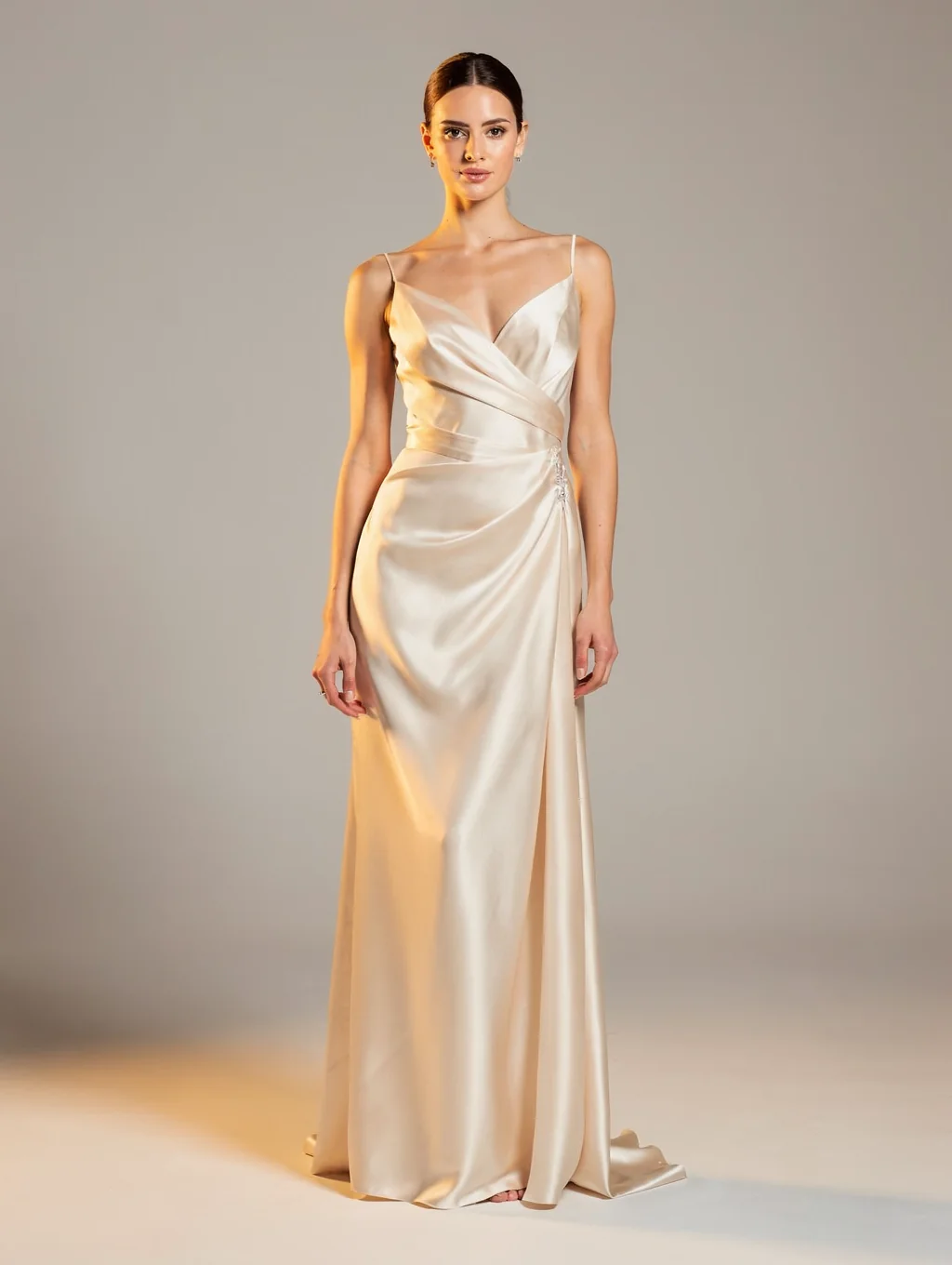 Satin evening dress with flowing silhouette