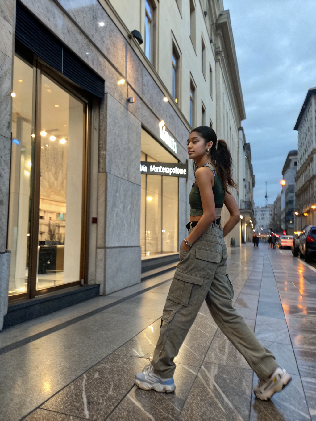 Model wearing organic cotton utility set in city street